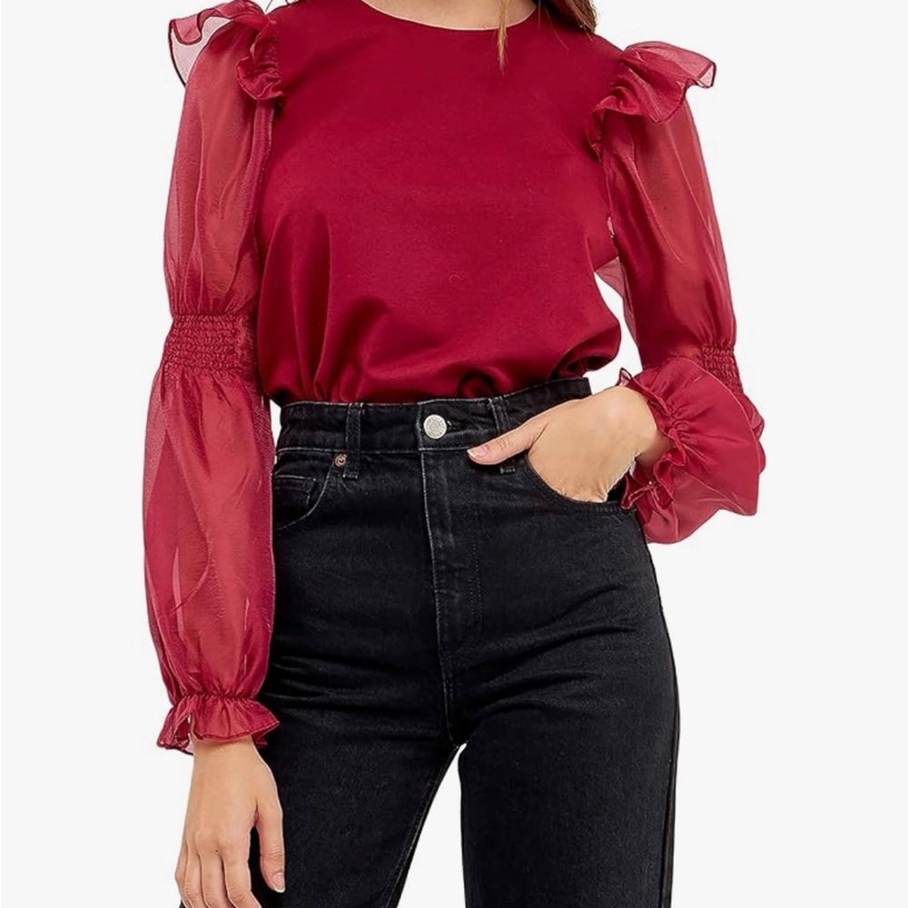 English Factory Burgundy Ruffle Sleeve Blouse